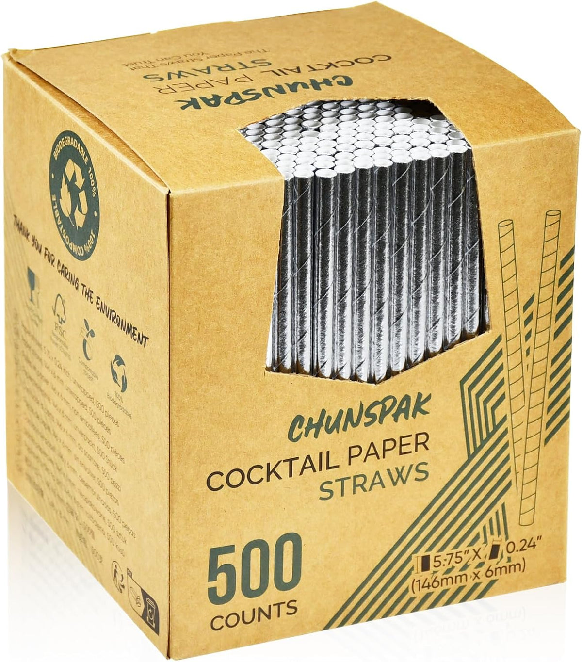 Chunsapk 5.75 inch Disposable Short Silver Paper Cocktail Straws, Stirring Straws 500 Counts - for Party, Wedding, Bars