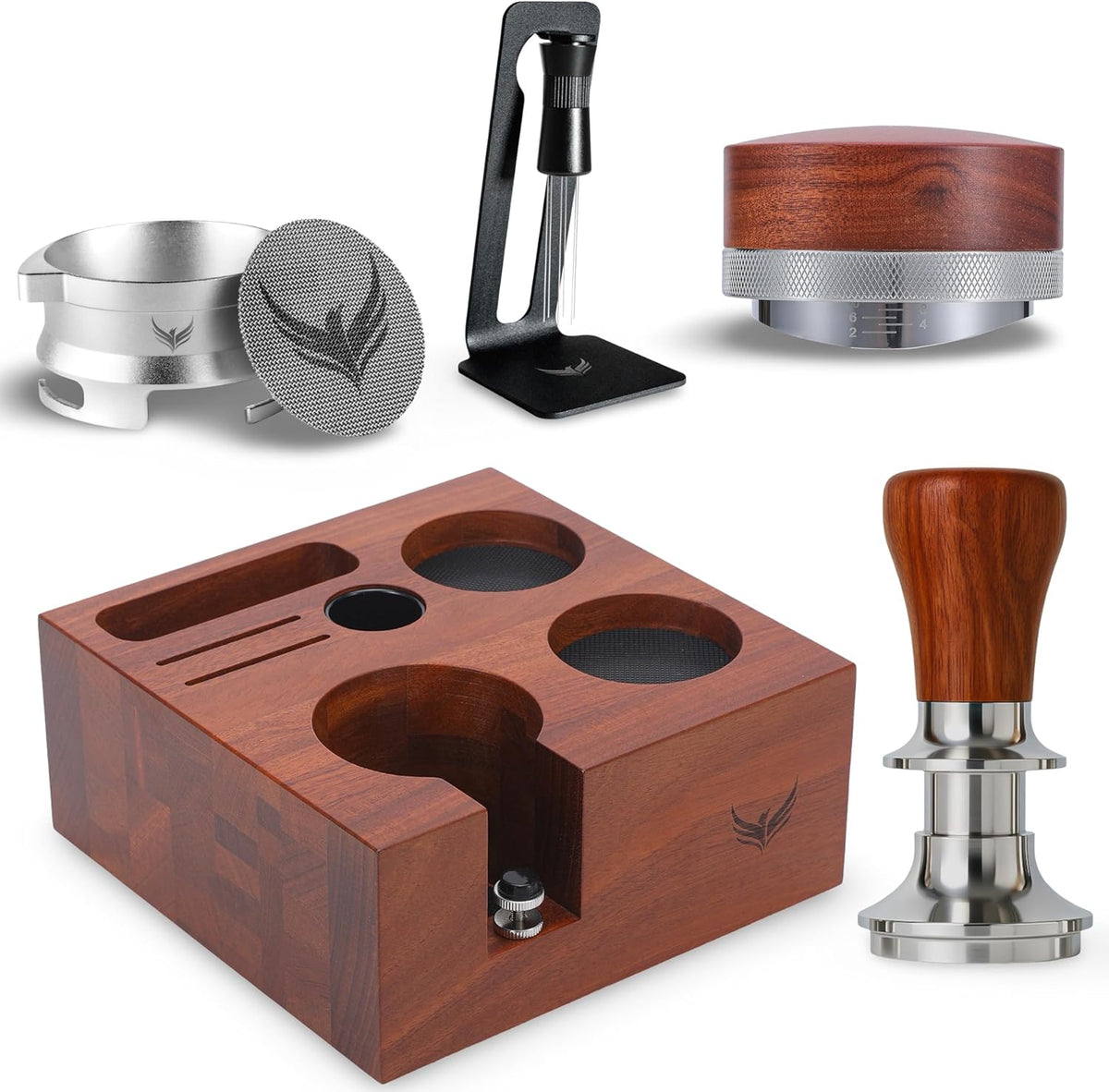 54mm Espresso Bar Accessories – Must-Have Coffee Tools Set with Tamper, Distributor, WDT Stirrer, Dosing Funnel, Puck Screen & Rosewood Organizer | Espresso Machine Accessories Kit