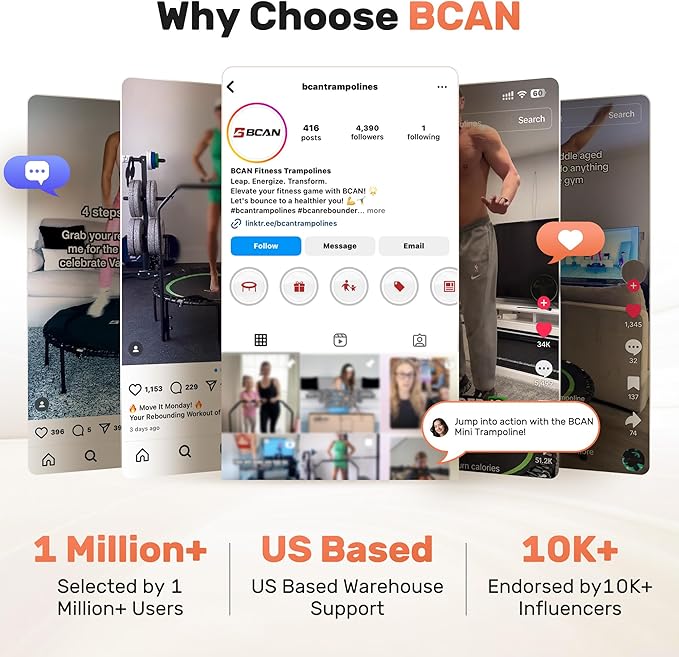 BCAN 40/48" Foldable Mini Trampoline Max Load 330lbs/440lbs, Fitness Rebounder with Adjustable Foam Handle, Exercise Trampoline for Adults Indoor/Garden Workout