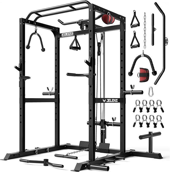 S21 Power Cage, Multi-Function Power Rack with Adjustable Cable Crossover System, 2000LBS Squat Rack for Home Gym with More Training Attachments