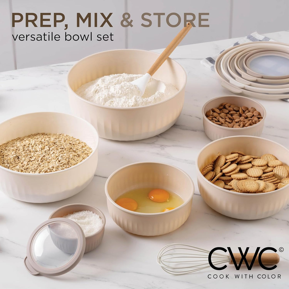 COOK WITH COLOR Prep Bowls with Lids- Wide and Deep Nesting Plastic Small Mixing Bowl Set with Lids, 12 Piece Set - Wide Bowls, Brown