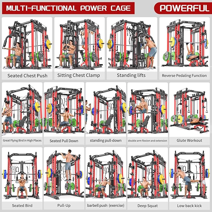 Smith Machine with Cable Crossover System, Multi-Function Power Cage Squat Rack for Home Gym, Power Rack and Packages Weight Sets.