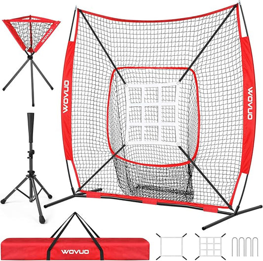 7x7 ft Baseball Net for Batting Pitching Hitting, Softball Pitching Net with Strike Zone, Tee, Ball Caddy, Softball Batting Net Baseball Training Equipment for Kids Adult Youth Sport Practice