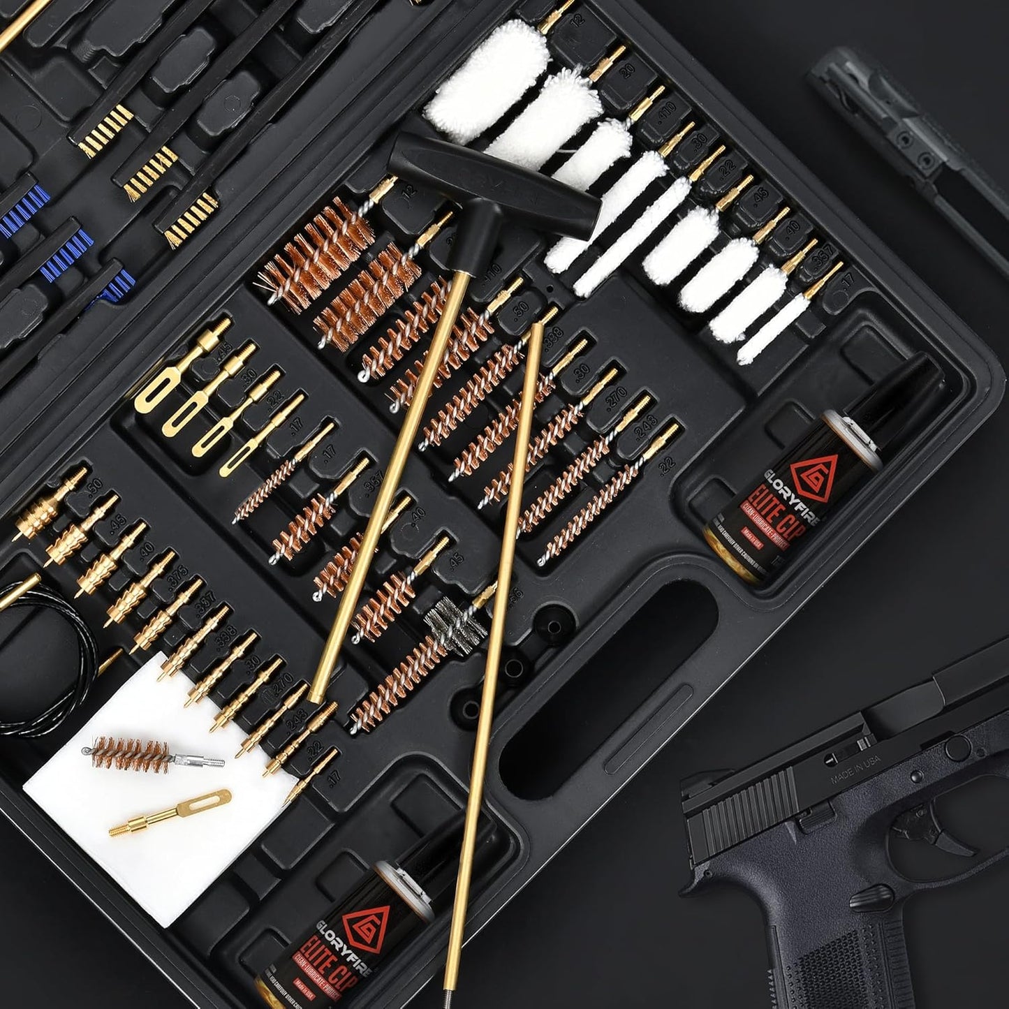 GLORYFIRE Elite Gun Cleaning Kit Universal Gun Cleaner for Shotgun, Pistol,with Lightweight Carrying Case, Reinforced and Lengthened Rods and Steel Wire, High-end Double Head Brushes