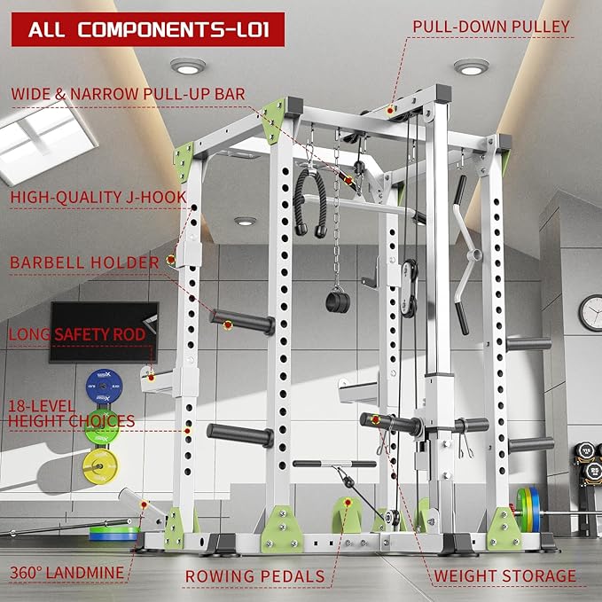 Power Rack Power Cages Multi-Function Squat Rack with Cable Crossover System Selectable More Training Attachment Weight Cage for Garage Home Gym