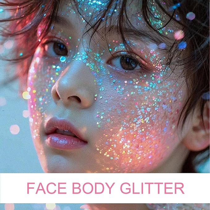 Body Face Glitter Makeup for Kids Women, Sparkly Chunky Hair Glitter, Mermaid Birthday Decorations Rave Outfits for Women (Mermaid Glitter)