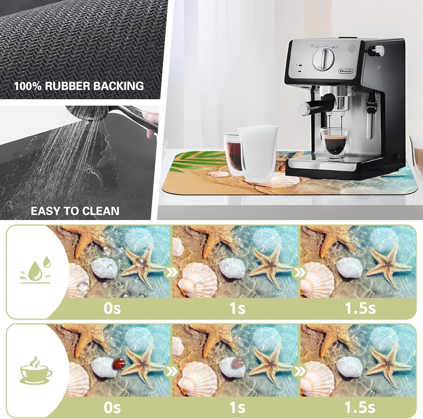 Dish Drying Mat Summer Beach Starfish Seashell Kitchen Mat 16"x24" Bsorbent Coffee Maker Mat for Dishes,Utensils Coffee Maker Pots and Pans Easy Clean Dish Slip Resistant Pad