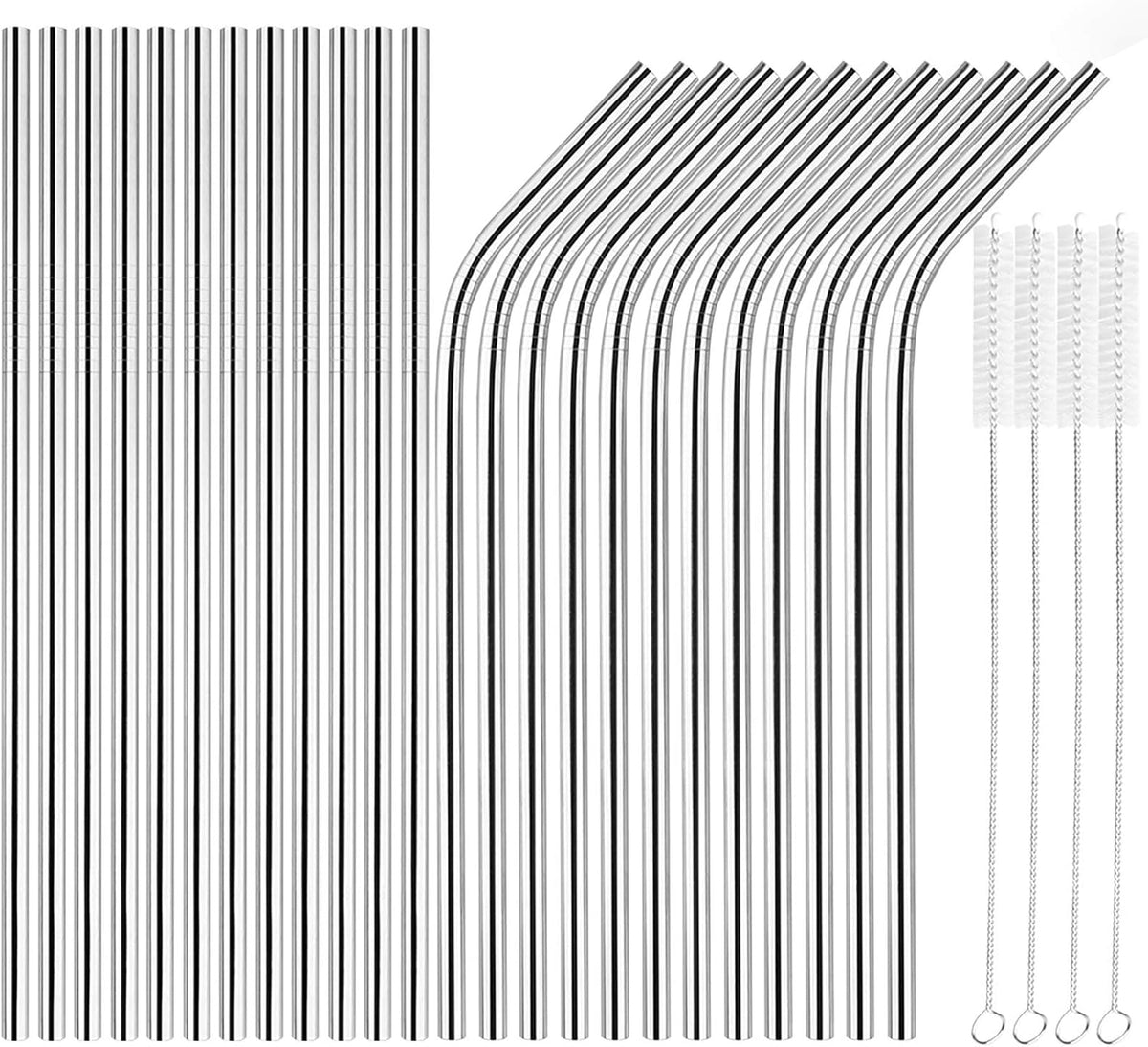 [24 PCS] Extra Long 10.4 inch Value Pack Reusable Stainless Steel Straws Combinations, Tomorotec Metal Straw Sets with Cleaning Brushes, 12 Straight 12 Bent For Tumblers Beverage Drinks Cocktail