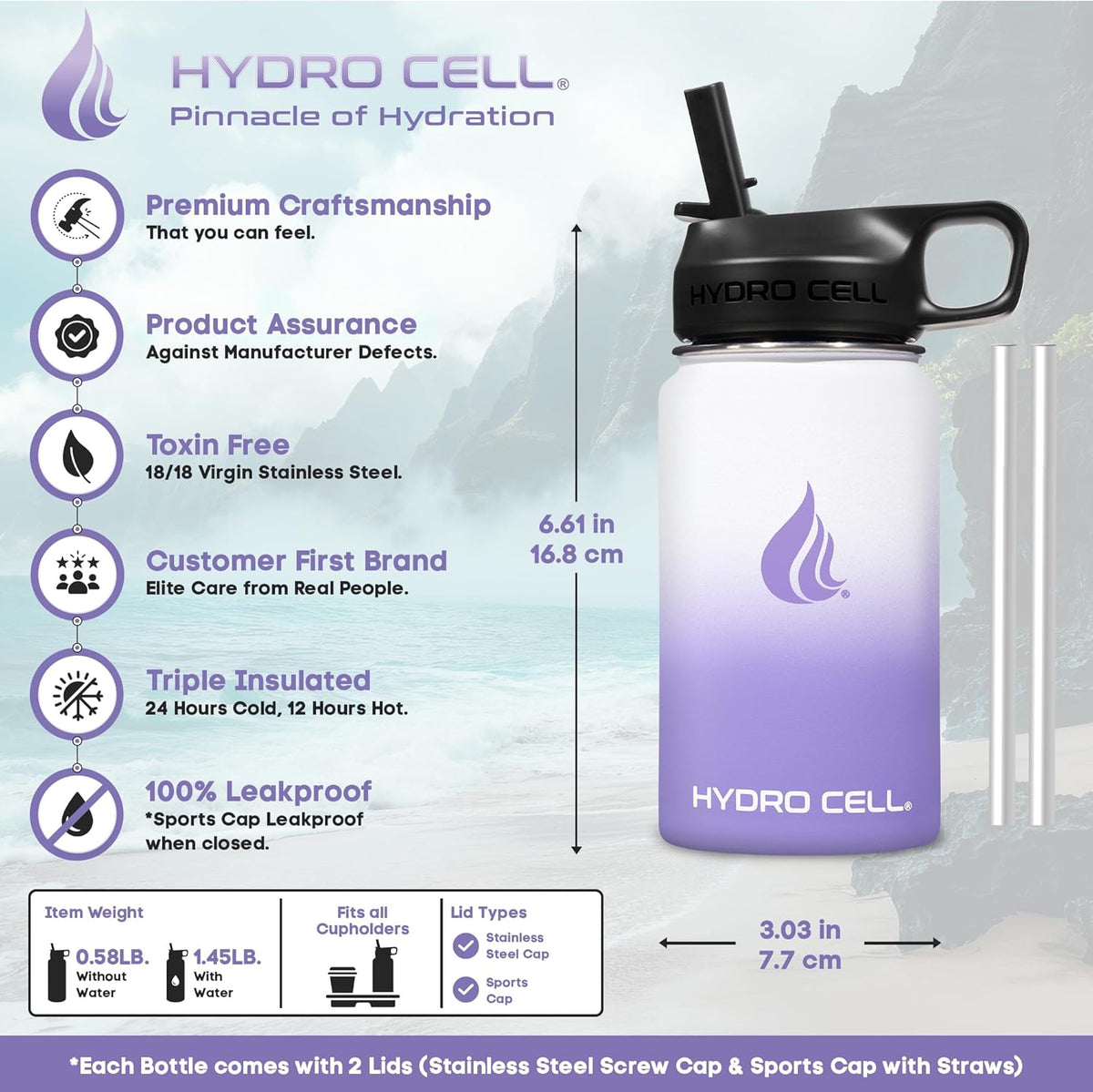 HYDRO CELL Stainless Steel Insulated Water Bottle with Straw - For Cold & Hot Drinks - Metal Vacuum Flask with Screw Cap and Modern Leakproof Sport Thermos for Adults (Lavender/White 14oz)