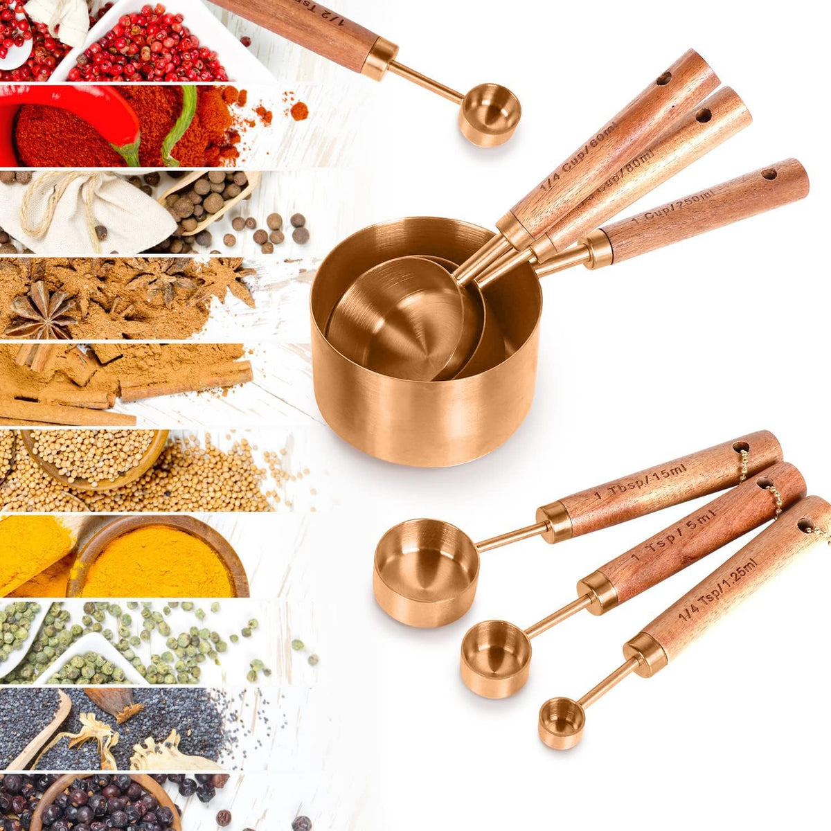 Collection 8 Piece Rose Gold Measuring Cups Set and Measuring Spoons, Golden With fragrant wood Handles-Complete Set of Measure Cups and Spoons For Cooking and Baking.