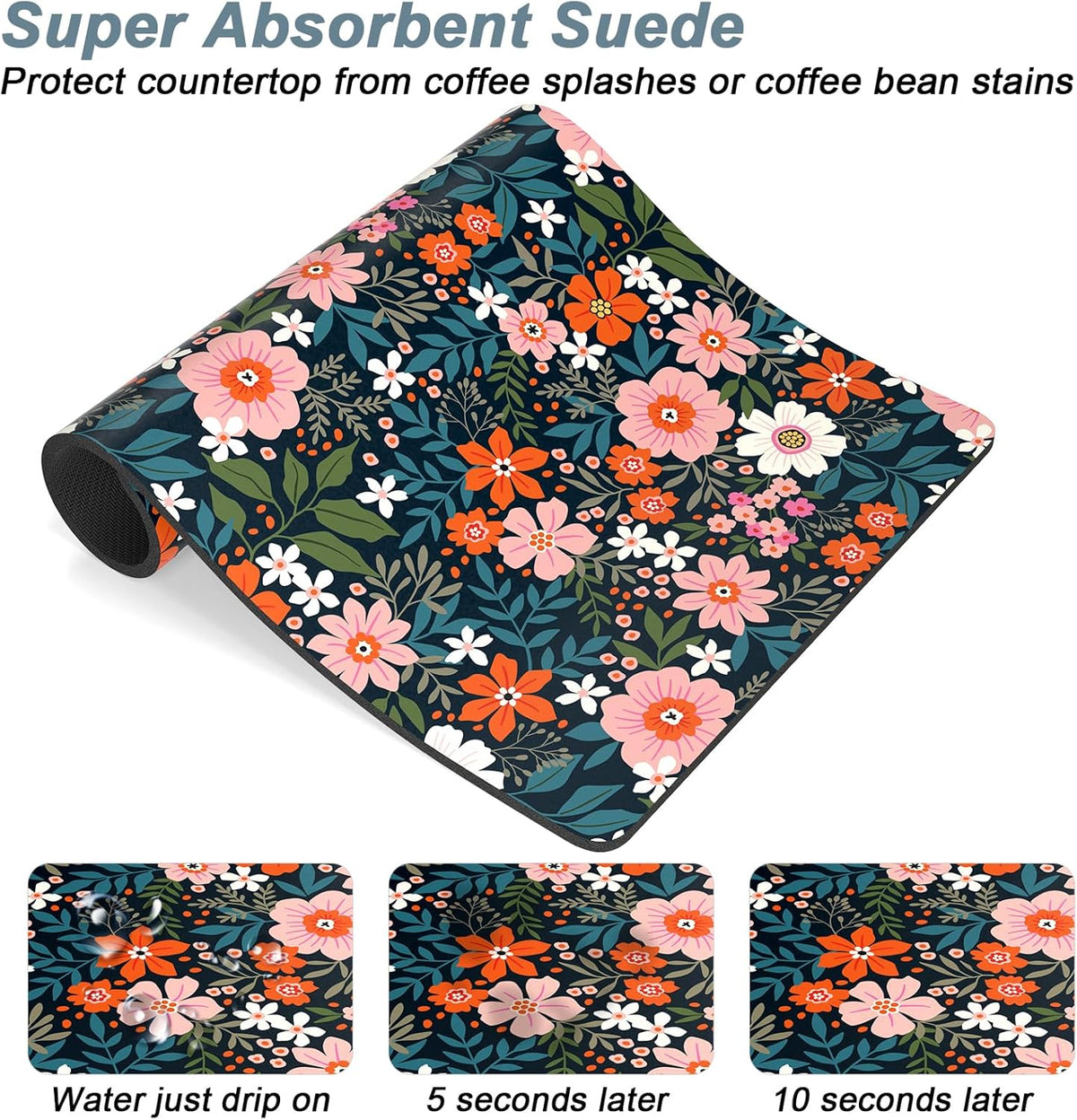 Rnivvi Coffee Mat, 12" x 19" Cute Coffee Bar Mats for Espresso Machine Station Accessories and Organizer, Hide Stain Rubber Backed Absorbent Dish Drying Pad for Kitchen Counter, Floral Cartoon