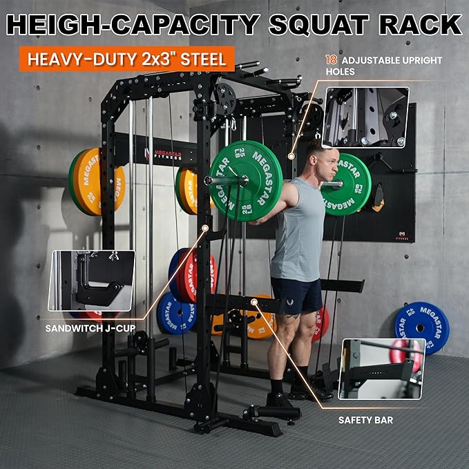 Power Rack for Home Gym – 2000LB Capacity Multifunction Squat Rack with Cable Crossover, Includes 16 Professional attachments for Home Gym Strength Training, P63 Rampage