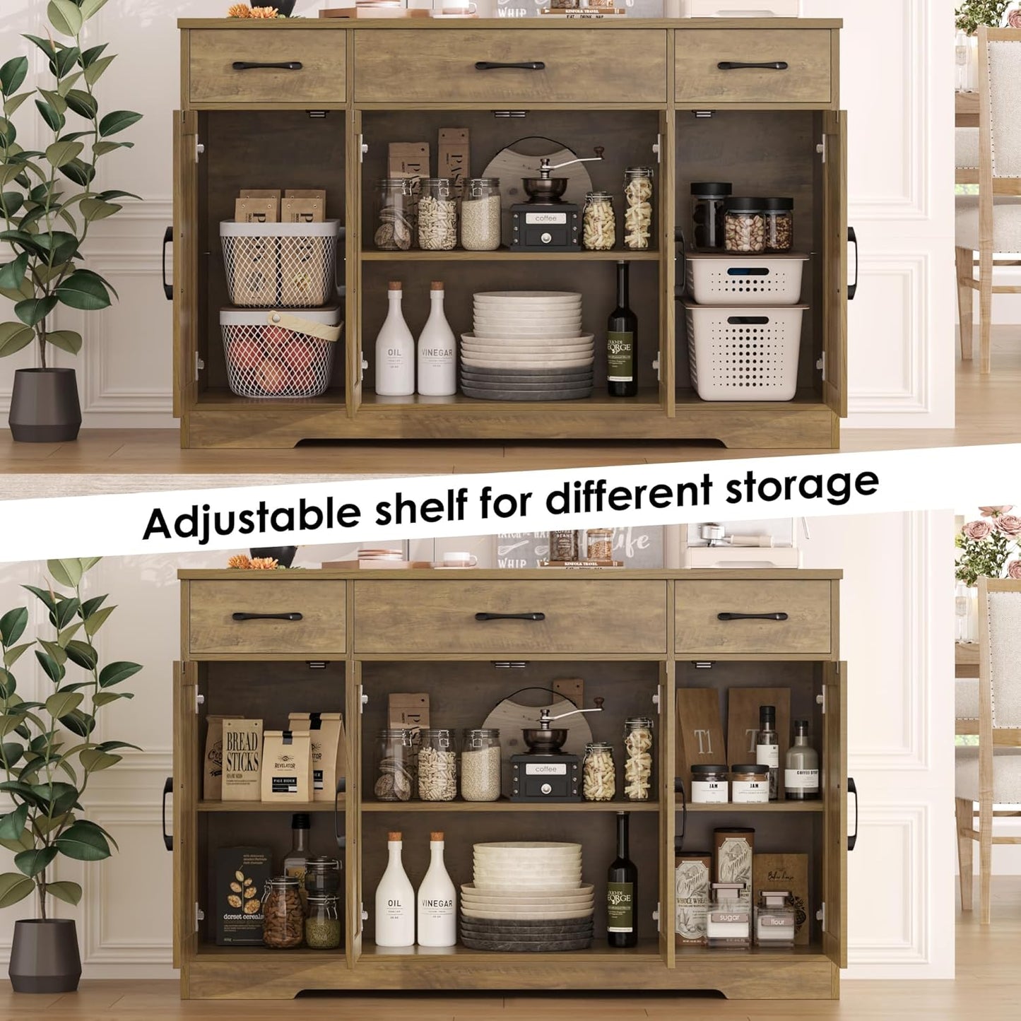 HOSTACK Buffet Sideboard Cabinet with Drawers, 55" Large Buffet Storage Cabinet with Shelves and Doors, Modern Farmhouse Coffee Bar Station Wood Kitchen Table for Kitchen, Dining Room, Rustic Brown