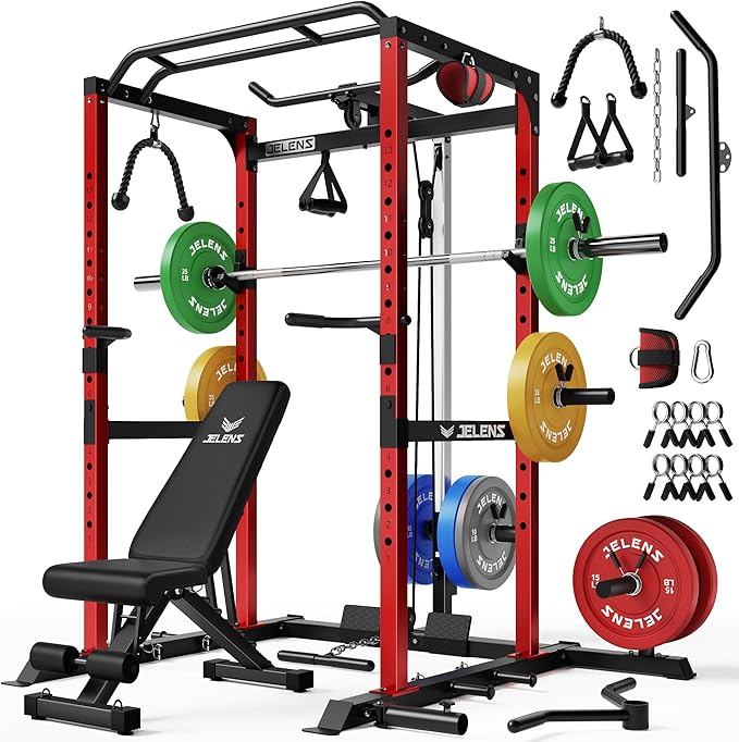 S21 Power Cage, Multi-Function Power Rack with Adjustable Cable Crossover System, 2000LBS Squat Rack for Home Gym with More Training Attachments