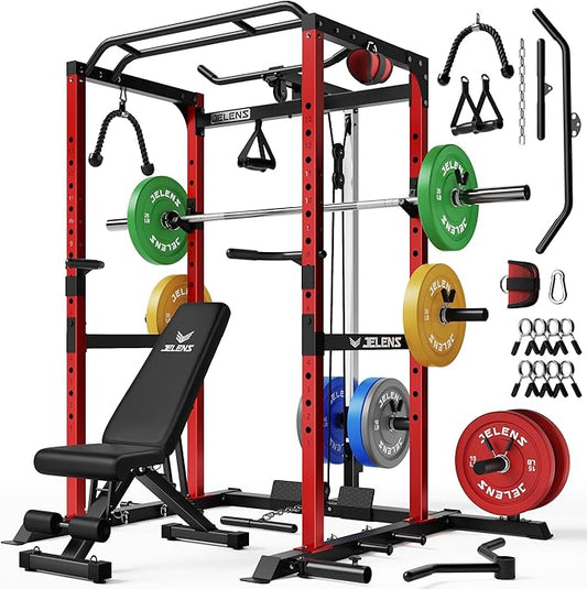 S21 Power Cage, Multi-Function Power Rack with Adjustable Cable Crossover System, 2000LBS Squat Rack for Home Gym with More Training Attachments