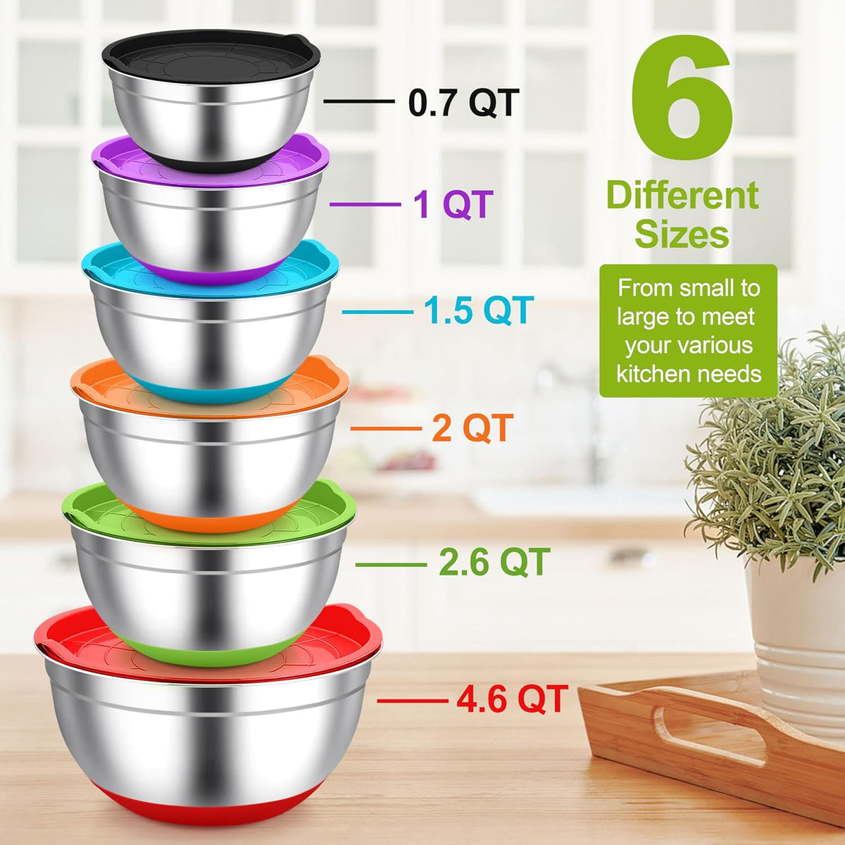TeamFar Mixing Bowls, Stainless Steel Mixing Bowls with Lids, Nesting Salad Bowls with Air-tight Lids & Non-slip Bottom, Dishwasher Safe & Stackable, Set of 6-4.6/2.6/2 / 1.5/1 / 0.7 Qt