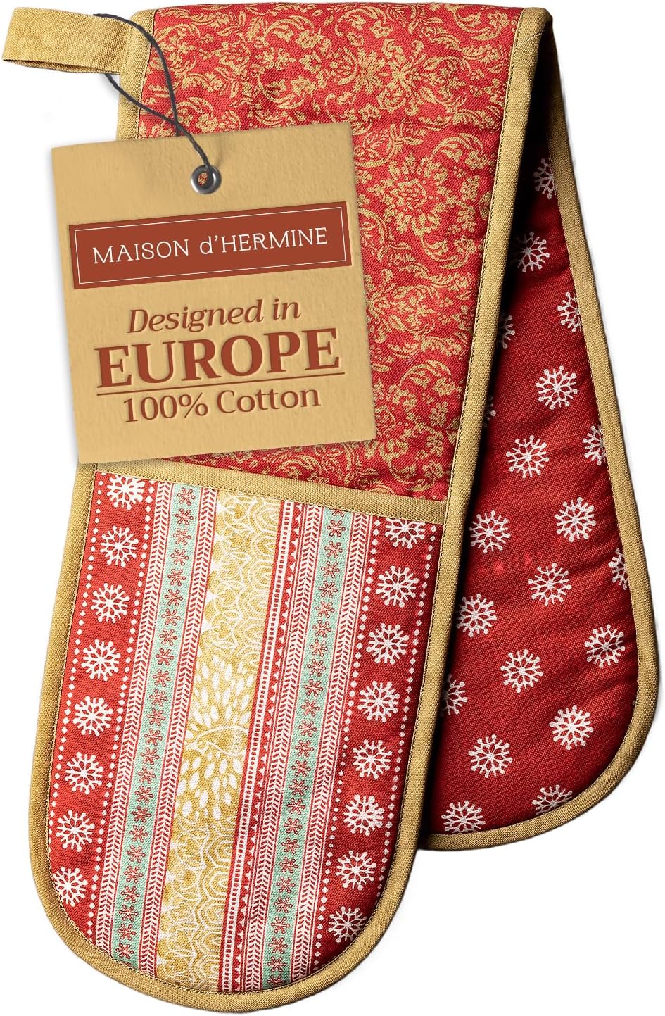 Maison d' Hermine Double Oven Mitts 100% Cotton 7"x35" Double Oven Mitt Heat Resistant BBQ Cooking Gloves with Loop, Baking, Grilling, Home, Kitchen, Handling Hot Pans (Sofia)
