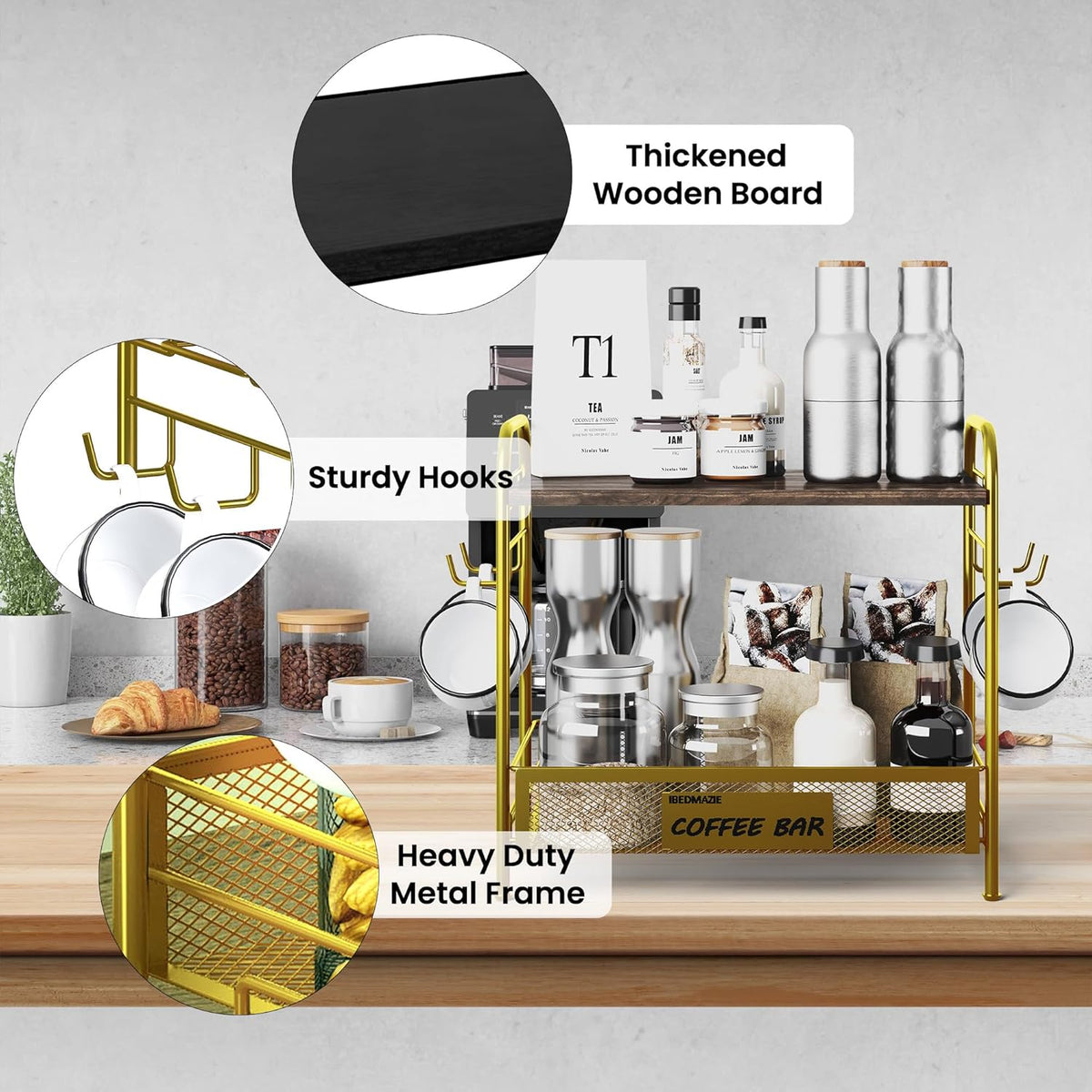 Coffee Bar Organizer for Countertop Station, Simple Assembly 2 Tier Shelf for Home,Office, Coffee Cup Holder Storage Organization for Counter Accessory Storage Rack with 4 Hooks Space-Saving