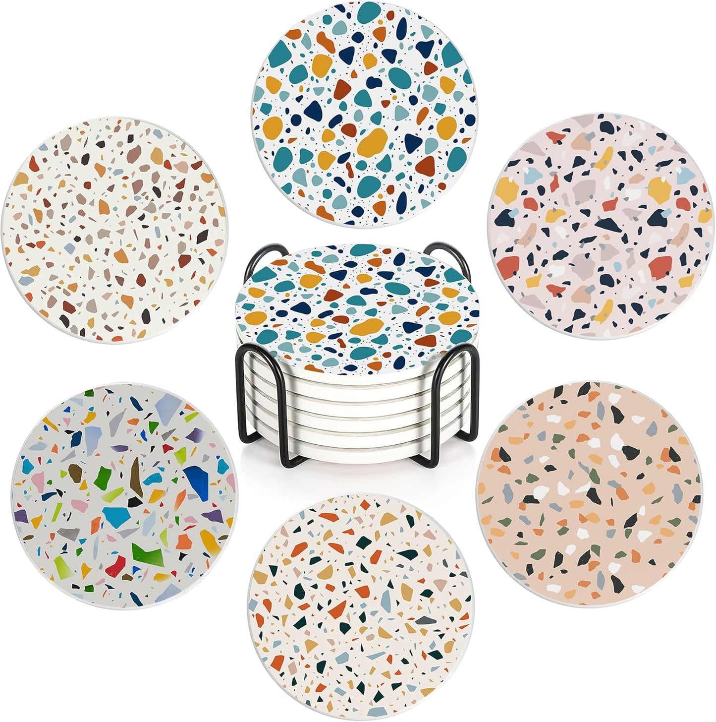 6 Pcs Coasters for Drinks with Holder, Terrazzo Marble Absorbent Ceramic Coasters with Cork Base,Cute Funny Table Drinks Coasters Tabletop Protection Mat,Table Home Decor,4 Inches