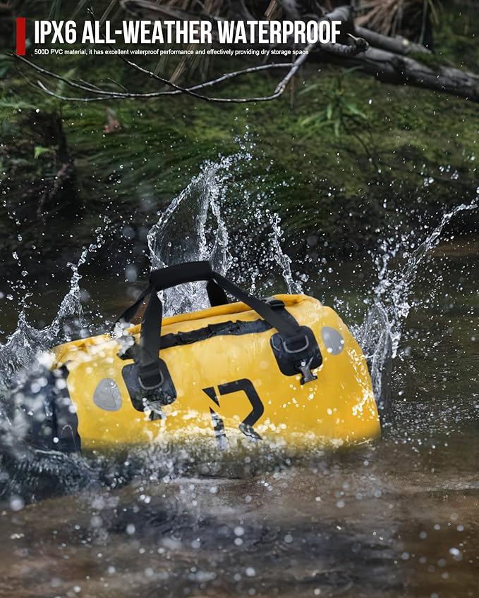 BORLENI Waterproof Motorcycle Dry Duffel Bag Luggage Tail Bag with Large Storage Space,Roll Top Closure, Shoulder Straps, Inner Pocket and Mesh Pocket for Motorcycling Travel Camping(Yellow,50L)