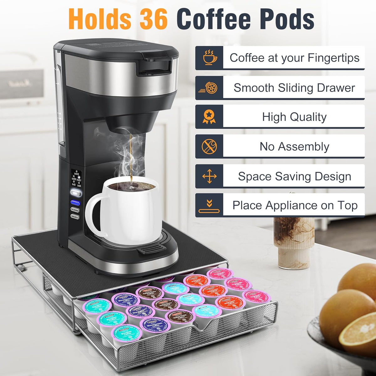 Coffee Pod Drawer, K-Cup Holder Drawer for 36 Coffee Pods Storage, Under Coffee Pot Storage and Sliding Drawer, Office or Home Kitchen Counter Organizer