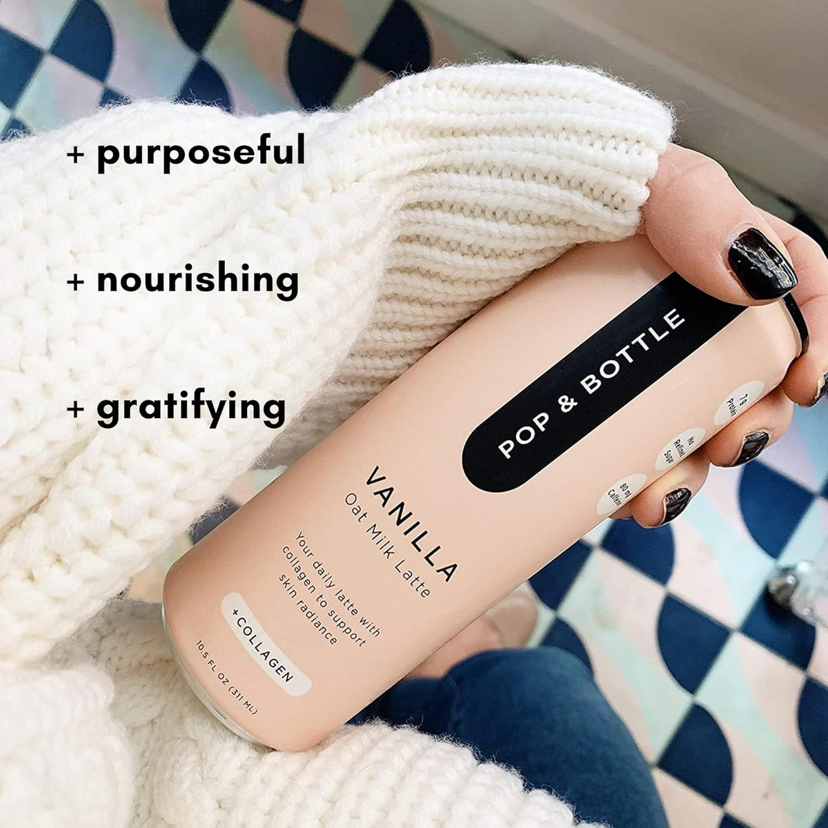 Pop & Bottle, Oat Milk Lattes - Cold Brew with Sustainably Sourced Marine Collagen, MCT Oil, Oat Milk, Organic, Dairy Free, Gluten Free, Great as Iced Coffee, Lightly Sweetened with Dates - Vanilla, 8 Fl Oz (12 Pack)