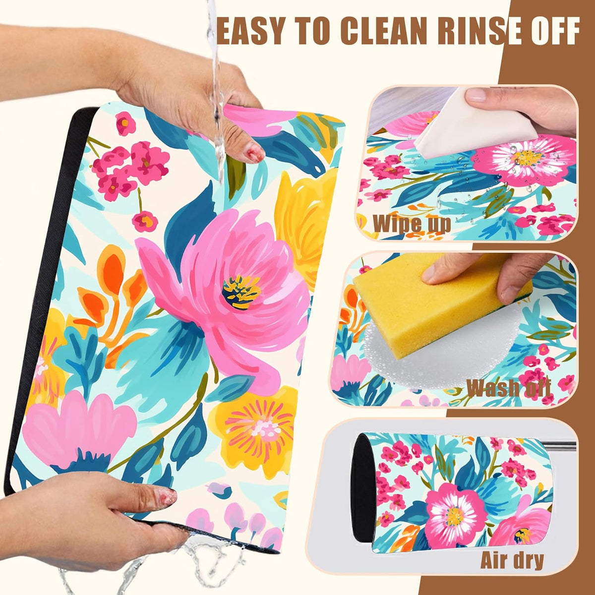 Watercolor Floral Dish Drying Mat for Kitchen Counter Coffee Bar Mat Hide Stain Absorbent Rubber Backed Coffee Maker Espresso Machine Accessories 11.8 x 19.7 Inch