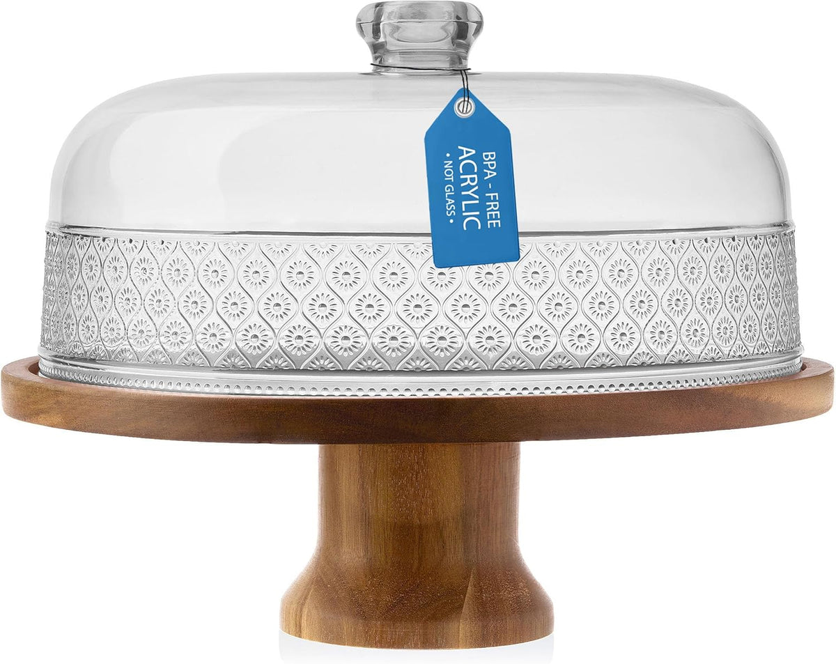 Godinger Cake Stand, Footed Cake Plate with Dome, Acacia Wood and Shaterproof Acrylic Lid, Wood Cake Stand with Dome Vintage Romantic Décor