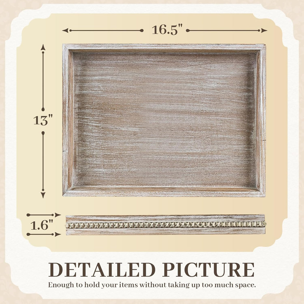 Wooden Decorative Tray, Rectangular Serving Tray with Wood Bead, Farmhouse Big Tray for Ottoman, Countertop, Coffee Tabl, 16.5" x 13"x 1.6" (White Washed)