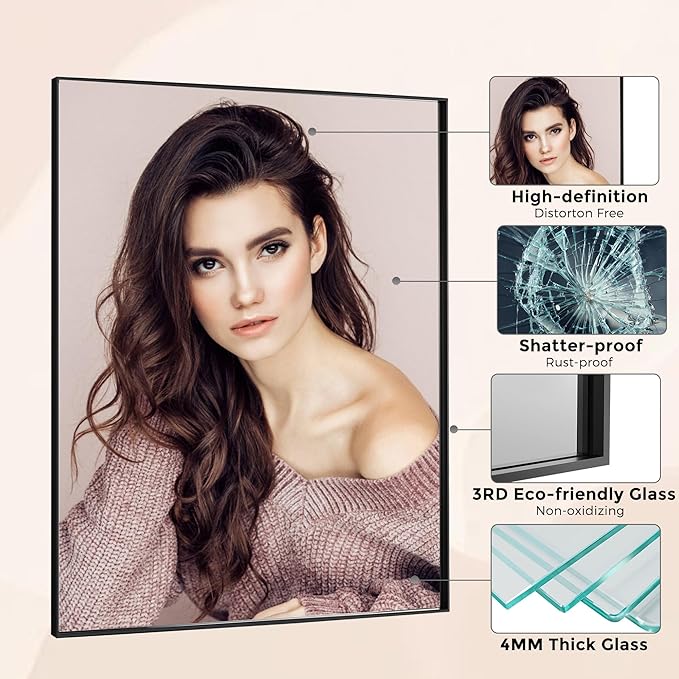 55x30 Inch Black Bathroom Mirror for Wall, Aluminum Frame Rectangle Rectangular Vanity Mirror, Modern Large for Bedroom, Living Room, Horizontal or Vertical