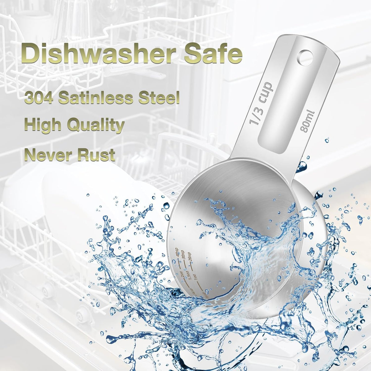 2PCS 1/3Cup (80ml, 2.6oz) Single Measuring Cup, Etched Inner Scale Stainless Steel Measure Scoop, Metric and US Measurement, Dishwasher Safe