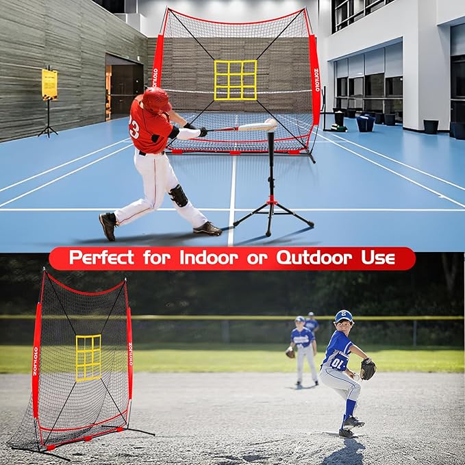 7x7 ft Baseball Net, Pitching & Batting Net with Batting Tee, Designed with Large Ball Collection System, 2 Strike Zones, Carry Bag, Baseball Softball Net for Batting Pitching Hitting and Throwing