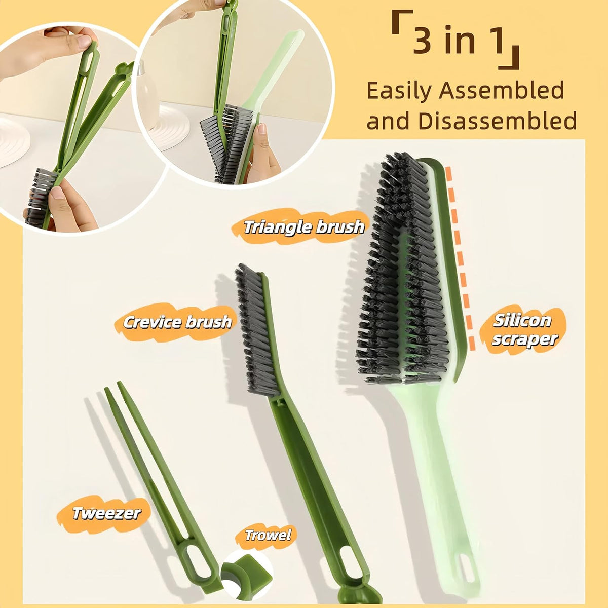 3 in 1 Detachable Household Cleaning Brush, Multifunctional Scrub Brush with Hard Bristle and Handle, Ideal Crevice Grout Scrubber Cleaner for Kitchen, Bathroom, Window, Shoes (Orange)