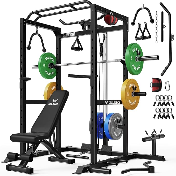 S21 Power Cage, Multi-Function Power Rack with Adjustable Cable Crossover System, 2000LBS Squat Rack for Home Gym with More Training Attachments