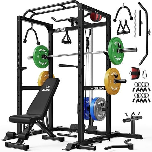 S21 Power Cage, Multi-Function Power Rack with Adjustable Cable Crossover System, 2000LBS Squat Rack for Home Gym with More Training Attachments