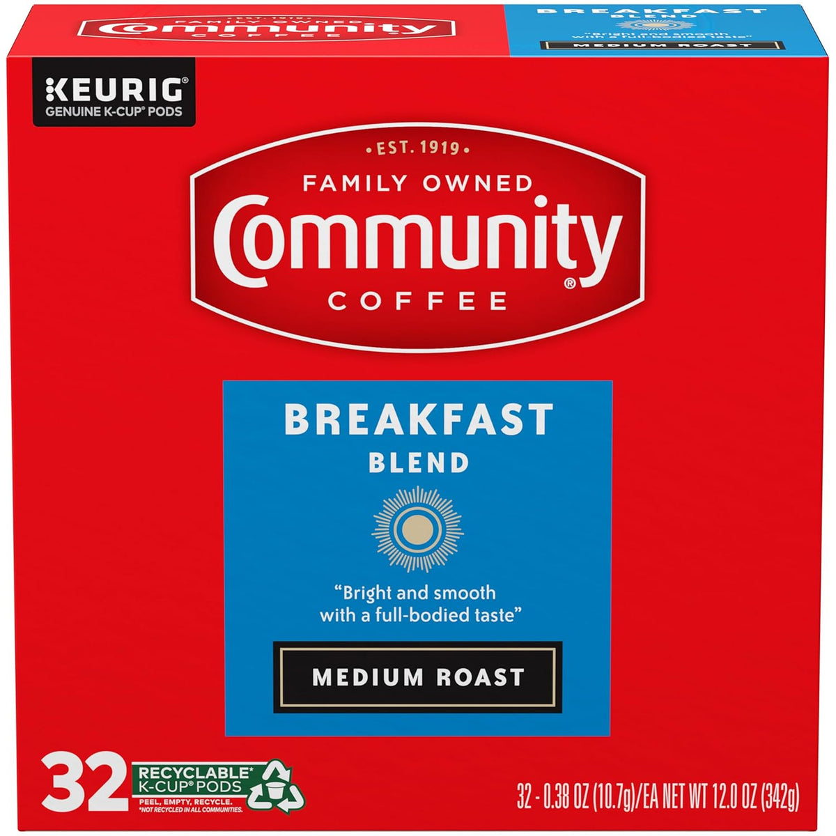 Community Coffee Breakfast Blend, Medium Roast, Single-Serve Keurig K-Cup Pods, 32 Count (Pack of 4)