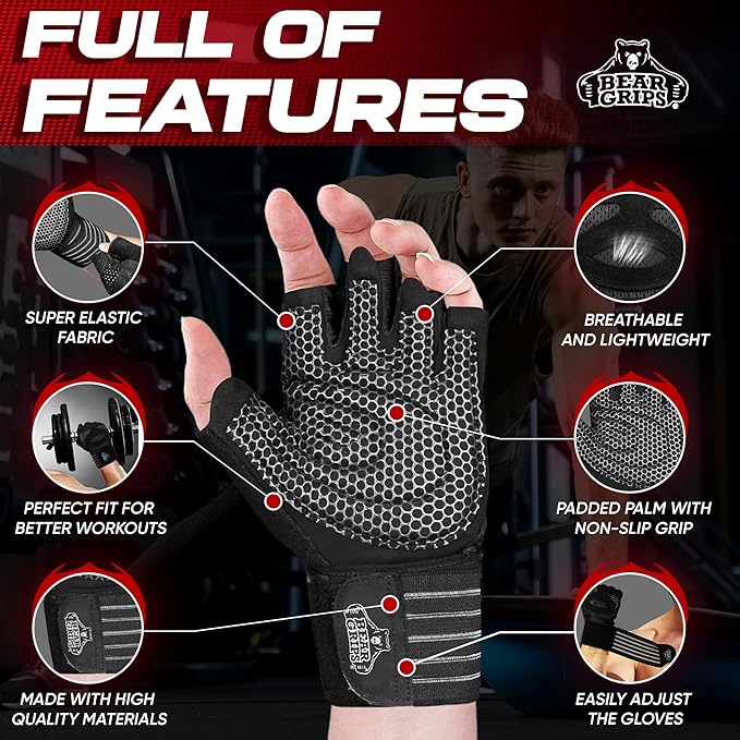 Bear Grips Weight Lifting Gloves for Men & Women | Half Finger Lifting Gloves | Full Finger Workout Gloves for Men | No Finger Exercise Gloves l Compression Weightlifting Gloves | Gym Gloves for Men