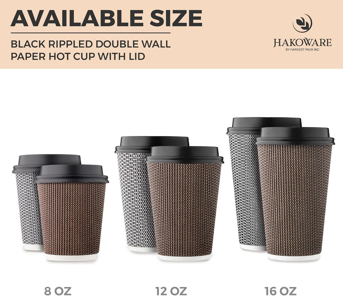 [340 SET]Harvest Pack 16 oz Disposable Coffee Cups, Insulated Ripple Double-Walled Paper Cups with Lids, Brown Geometric, Bulk Drinking Cups for Tea Hot Chocolate Drinks To go coffee cups