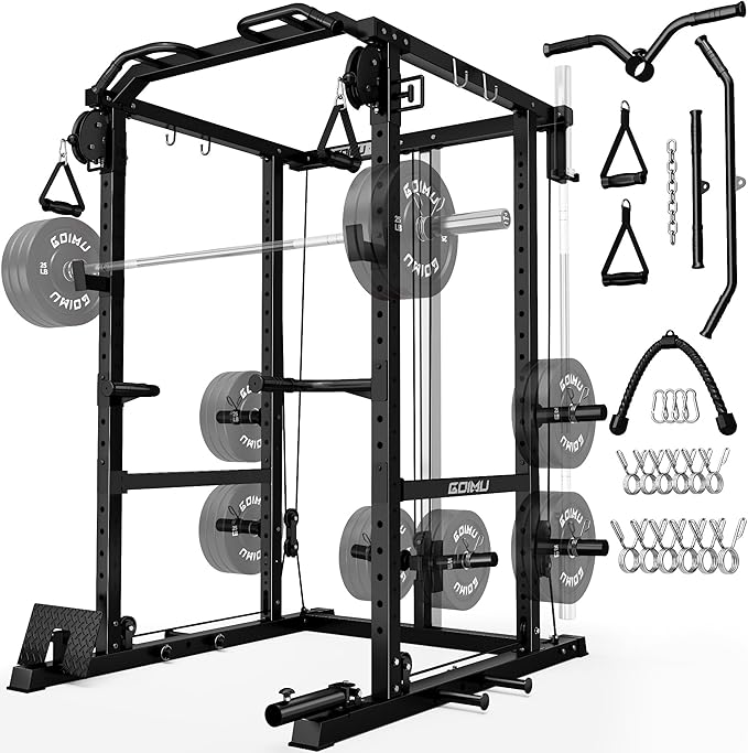 R1-V4 Power Cage Rack, 2000LB Squat Rack with Cable Crossover System, Multi-Function Weight Cage, Home Gym Workout Machine with More Training Attachments