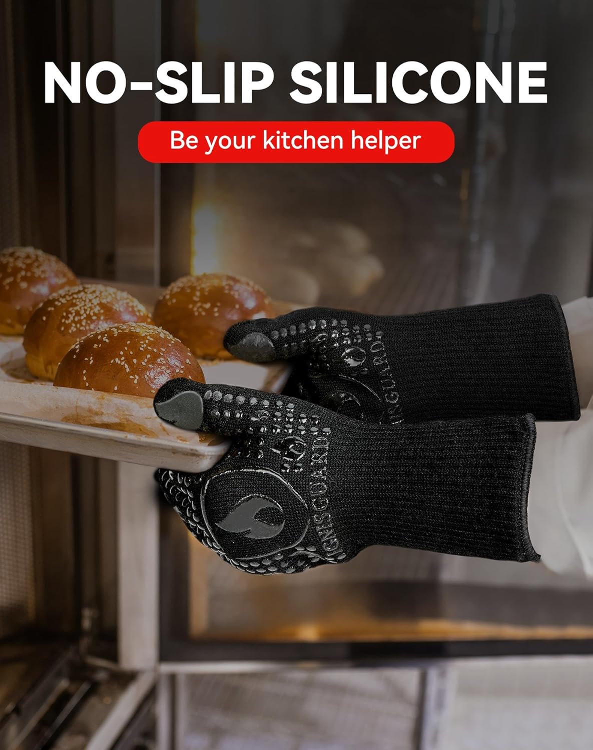 BBQ & Grill Gloves, Oven Gloves, 1472°F Silicone Oven Mitts Heat Resistant Grilling Gloves Fireproof Non-Slip for Barbecue Cooking Baking Smoking, 1-Pair Black（L）