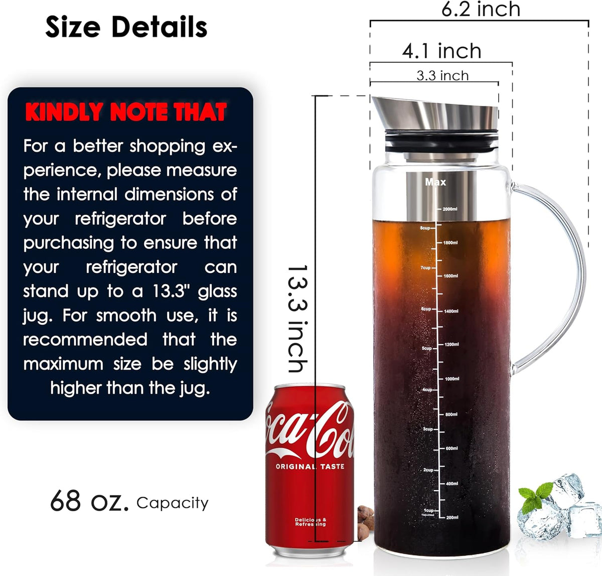 Aquach 68 Oz Cold Brew Coffee & Iced Tea Maker – Airtight Lid for Freshness Up to 2 Weeks, Dishwasher Safe