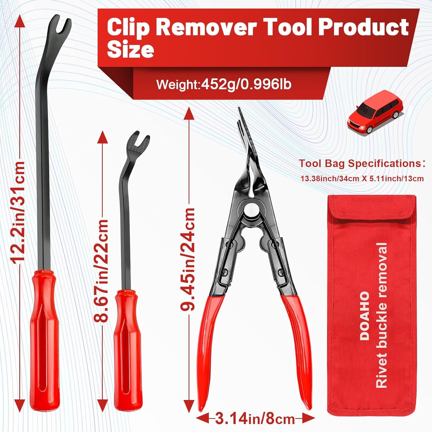 17Pcs Mechanic Hook and Pick Tool Set & Car Trim Removal Kit with Fastener Clip Pliers,Rivet Puller,Magnetic Pickup,Gasket Scraper,Non-Scratch Plastic Pry Tools for Automotive Repair-Red