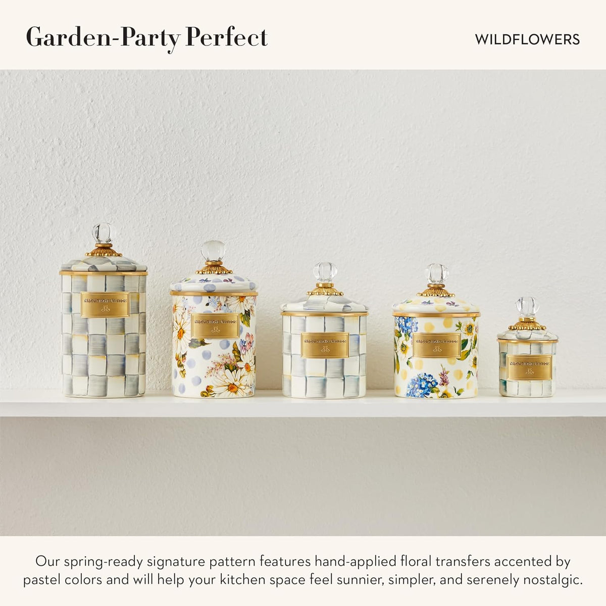 MACKENZIE-CHILDS Wildflowers Enamel Canister, Floral Kitchen Storage Container with Lid, Medium