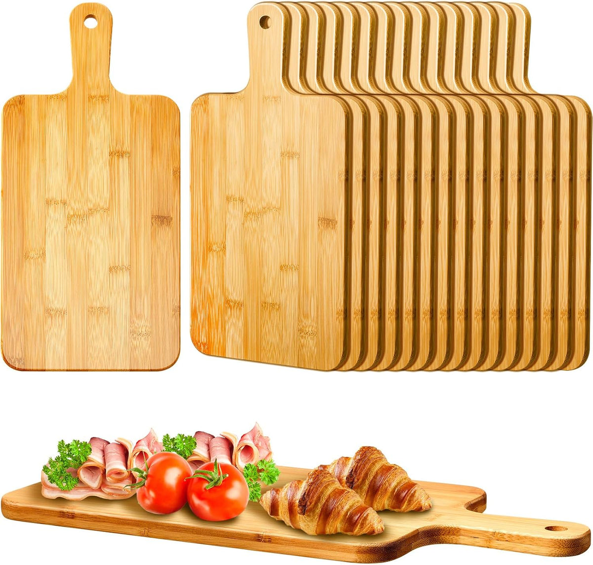 Nuenen 50 Pcs Wood Cutting Board with Handle 15.7 x 7.8 Inch Acacia Bamboo Wooden Serving Kitchen Chopping Boards for Pizza, Bread, Cheese, Charcuterie, Fruit, Vegetables (Bamboo)