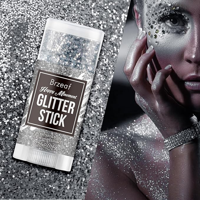 Brzeaf Silvery Body Glitter Stick, Waterproof & Long Lasting, Hair Eyeshadow Face Body Glitter, Singer Concert Music Halloween Rave Festival, Glitter Stick Makeup & Face Glitter Gel