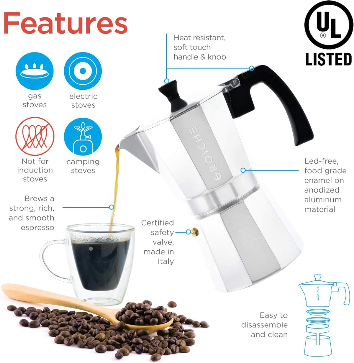 GROSCHE Milano Moka Pot | 3 Espresso Cup - 5 oz | Stovetop Espresso Percolator & Coffee Maker – Portable, Ideal for Home and Camping