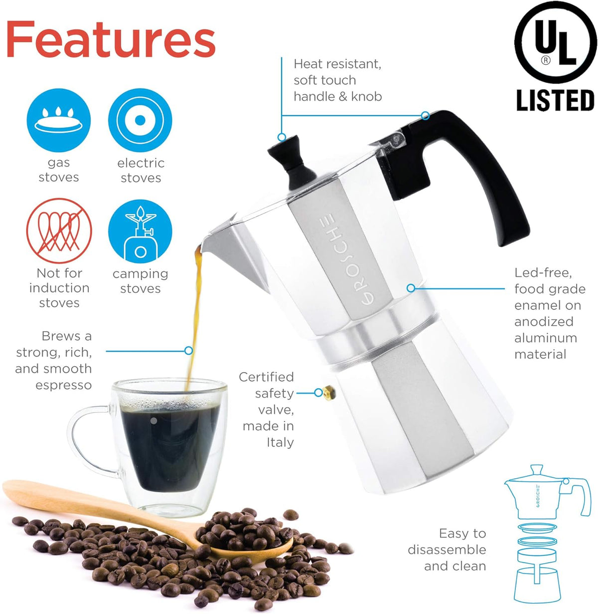 GROSCHE Milano Stovetop Espresso Maker Moka Pot 6 espresso Cup - 9.3 oz, Silver - Cuban Coffee Maker Stove top coffee maker Moka Italian espresso greca coffee maker brewer percolator