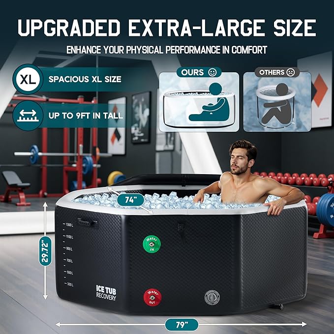Albott Inflatable Cold Plunge Tub for Athletes, Ice Bath Tub with Insulated Lid Non-Slip Mat & Handles, Water Chiller Compatible, Portable for Indoor & Outdoor Recovery, 525 Gal, 79"L x 79"W x 33"H
