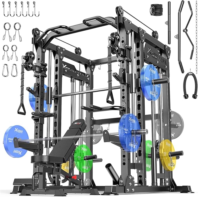 Smith Machine with Cable Crossover System, Multi-Function Power Cage Squat Rack for Home Gym, Power Rack and Packages Weight Sets.
