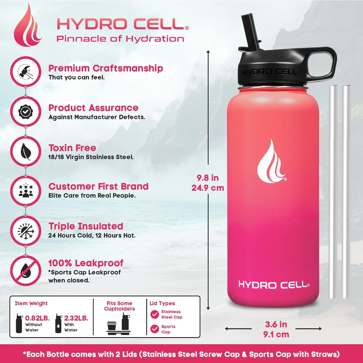 HYDRO CELL Stainless Steel Insulated Water Bottle with Straw - For Cold & Hot Drinks - Metal Vacuum Flask with Screw Cap and Modern Leakproof Sport Thermos for Adults (Coral/Punch 32oz)